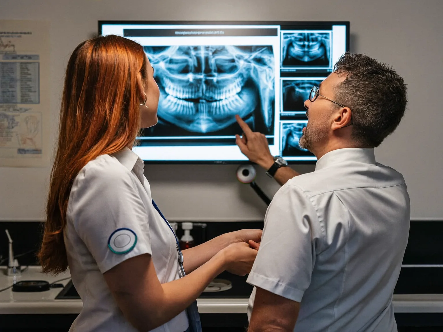 Two dentists discussing a dental x-ray together as equal experts (illustrative image)
