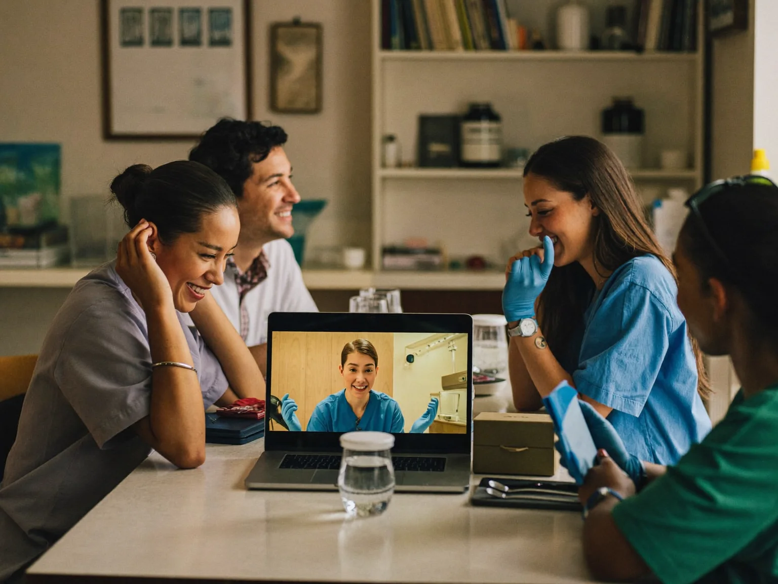 A dental team on a friendly video call with their partner team (illustrative image)