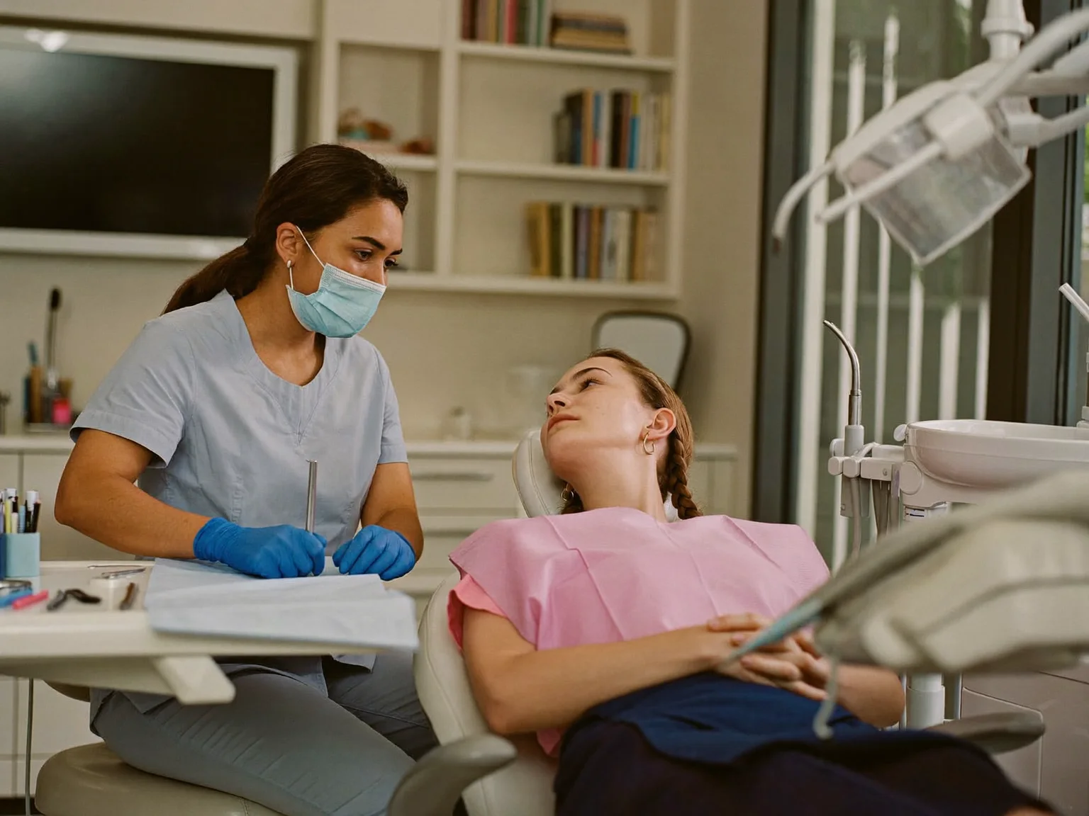 A visiting dentist observing chairside while the host dentist leads (illustrative image)